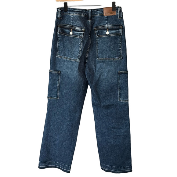Judy Blue High Waist Wide Leg Dark Blue Denim Cargo Jeans size 29 - Picture 4 of 11